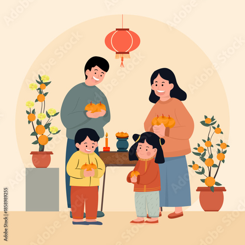 Parents and children holding oranges and red envelopes near kumquat trees for Lunar New Year. Vector illustration of family preparing for prosperity and luck in Spring Festival.