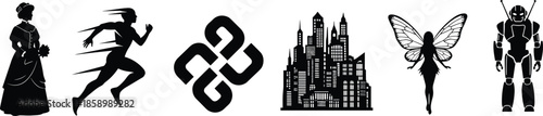 Silhouette vector set, historical woman, running figure, urban skyline, fairy, robot, symbolic knot, diverse themes, black graphic icons