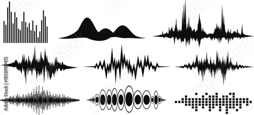 Sound wave visualizations, audio waveform set, music signal graphics, abstract sound patterns, digital equalizer art, audio spectrum design, waveform icons
