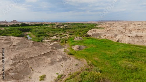 Xinjiang Gobi Pasture Oasis With Populus Euphratica Forest 4K Aerial