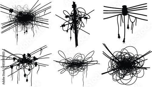 Tangled wire, cable silhouette, plug chaos, black vector, electric clutter, abstract shape, connector mess, power cord, tech confusion, wiring disorder