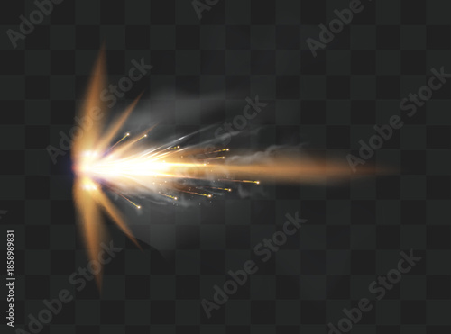 Gun flashes with smoke and fire sparkles. Pistol shots clouds, muzzle shotgun explosion. Blast motion, weapon bullets trails isolated on black background.