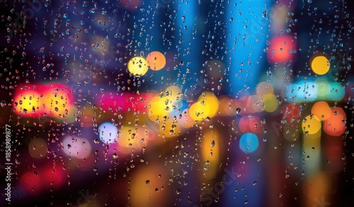 Rainy window with city lights blurred background abstract texture