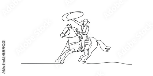 Continuous one line drawing cowboy on horse galloping across desert, Cowboy on bucking horse running with lasso, Single line vector illustration.