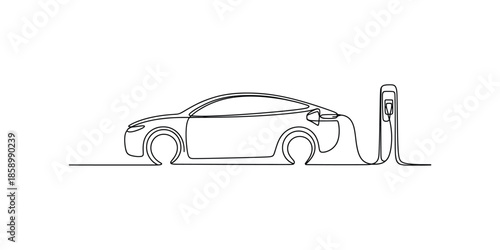 Continuous one line drawing of Electric car at charging station, Electric car concept, Single line art editable vector illustration.