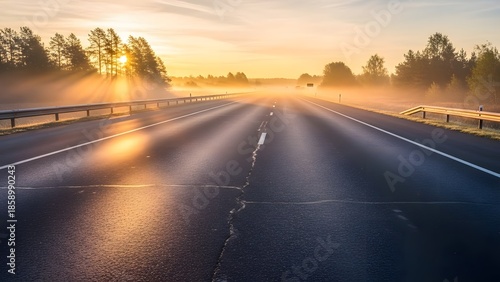 Misty Sunrise Over Empty Highway with Sunlight and Fog