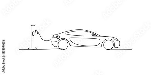 Continuous one line drawing of Electric car at charging station, Electric car concept, Single line art editable vector illustration.