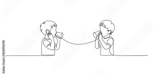 Continuous line drawing little boys talk using string phone. Children communicating through paper cups phone. Kids playing with can telephone.