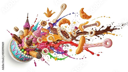 Explosion of Colorful Sweets and Pastries with Chocolate Splash