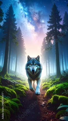 Mystical Wolf Over a Glowing Forest