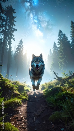 Mystical Wolf Over a Glowing Forest