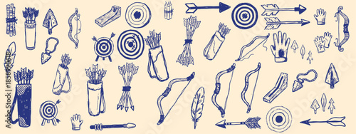 Line art navy ink archery elements scattered quivers, bows, arrows and targets, seamless hand drawn pattern on beige textured background