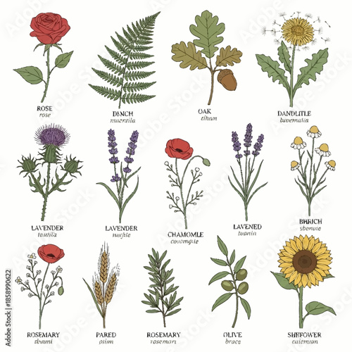 Collection of various flowers and herbs illustrations with labels.
