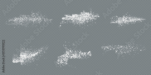 Sugar or salt powder piles set isolated on transparent background. Vector realistic illustration of white dry substance scattered on surface, ground food seasoning,