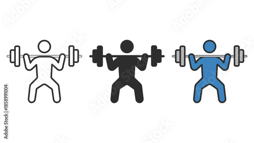 weightlifting gym icon set. minimalist weightlifting icon set showing person lifting barbell in three styles