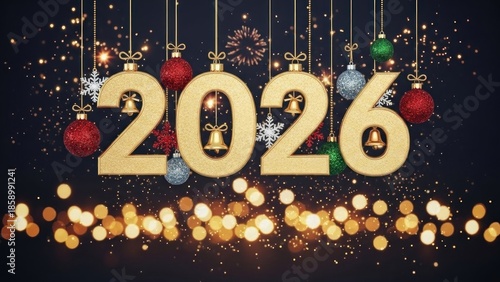 Golden numbers 20266 hanging from strings with colorful ornaments and fireworks on a dark background with bokeh lights.