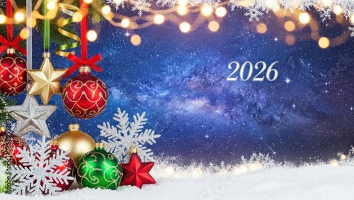 Christmas decorations with snowflakes and stars on a blue background.