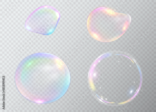 Set of realistic colorful soap bubbles. Transparent realistic soap bubbles isolated on transparent background. Vector texture. Light Gray vector cover with spots.