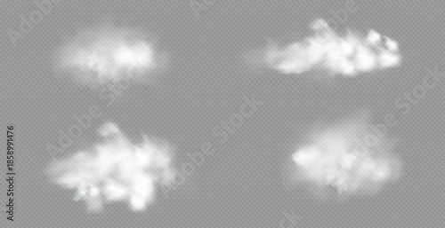 Realistic white fluffy clouds with fog or light smoke effect on a transparent background. Misty atmosphere element for overlaying on images, dramatic scenes or weather visual effects.