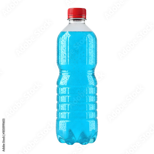 Hyper-photorealistic PET bottle with ribbed design and red cap, filled with cold light blue effervescent sports drink, ideal for beverage advertising isolated on white or transparent background.