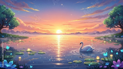 A serene lake with a swan and lily pads at sunset.