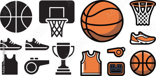Basketball Icon Collection. Solid Basketball Sport Equipment Logo Vector Illustration