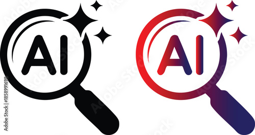 AI Search and Analysis Concept Icons, Magnifying Glass with AI Text and Sparkle Effects, Artificial Intelligence Discovery and Exploration Logo, AI Insight and Detection Graphics in Black and Gradient