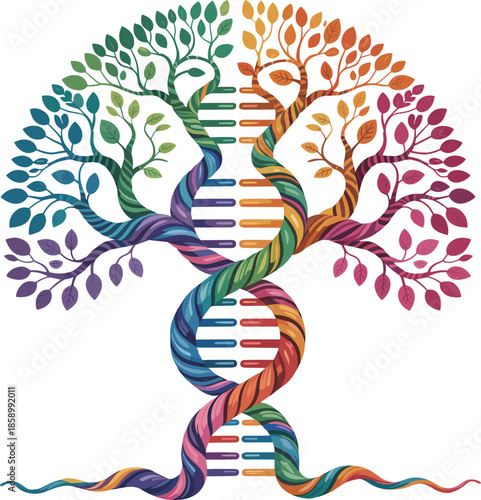 Colorful DNA Spiral Tree Logo with Curved Roots for Genetics and Biology