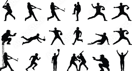 Baseball action silhouettes set showing players batting pitching catching sliding running competitive sport movements black vector illustration isolated