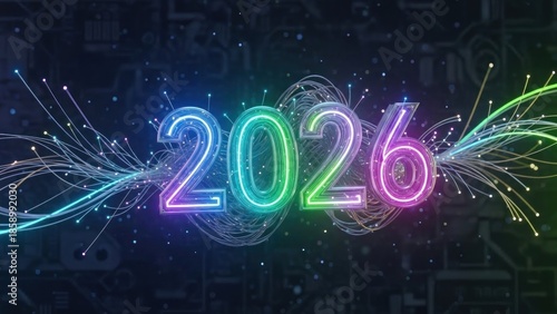 A futuristic, digital 2026 year with neon lights and circuitry.