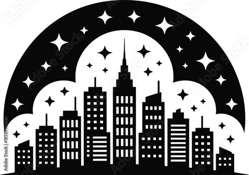 Black and white illustration of a city skyline at night