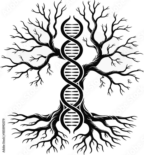 DNA Spiral Tree Logo with Curved Roots for Genetics and Biology
