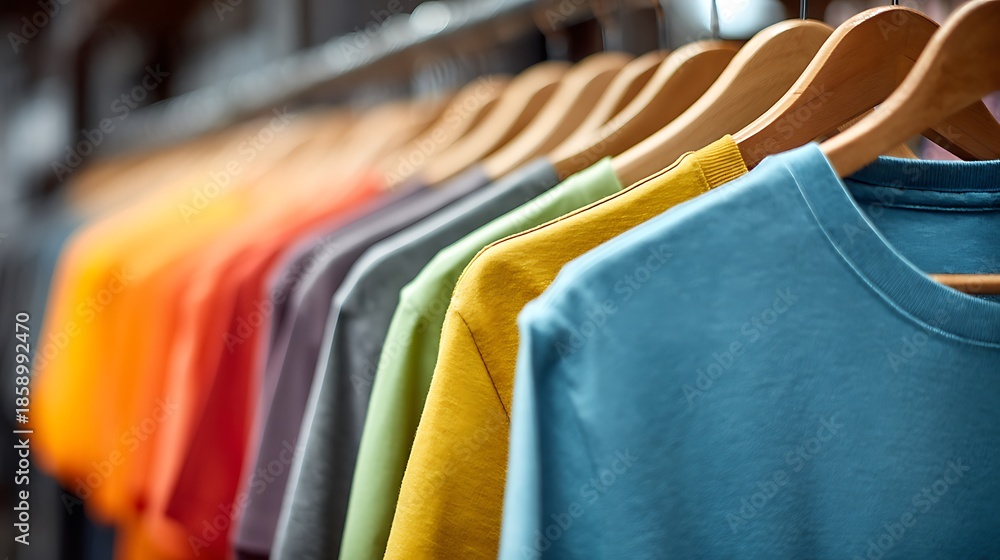 Obraz premium Close-up of colorful t-shirts hanging on wooden hangers, vibrant colors, retail scene