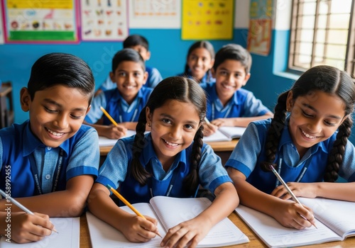 Cheerful Primary School Indian Students Writing in Classroom