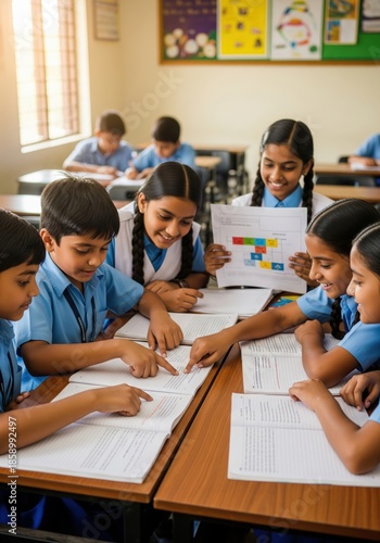 Indian School Children Collaborating and Studying Together in a Sunny Classroom. Positive and interactive educational environment