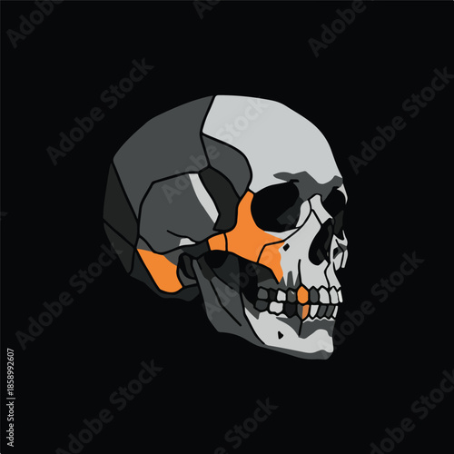 Stylized Skull Illustration with Geometric Shapes and Contrasting Colors.