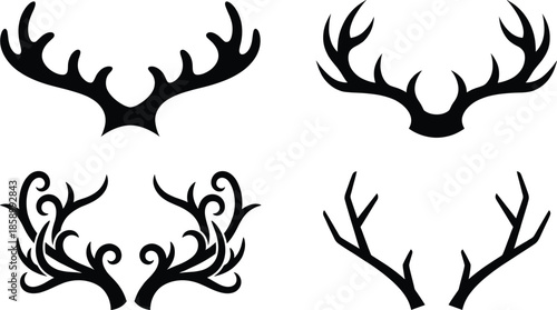 Black deer antlers silhouette collection vector set isolated on white background for logo design, wildlife branding, hunting emblem illustration