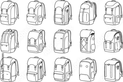 Vector Set Of Sketch Doodle Backpacks. Casual Backpack