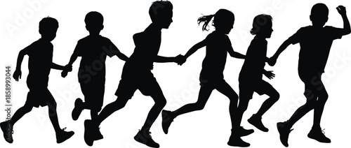 Silhouettes of running children vector illustration group of active kids playing clipart graphic
