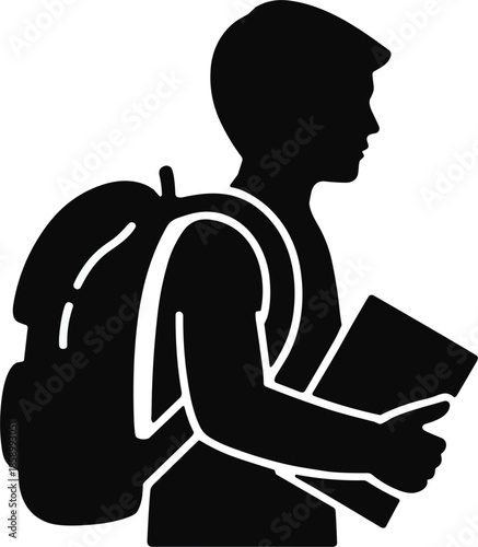 Black silhouette of a person carrying a backpack and a book vector