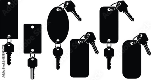Black silhouette key tags and keys collection, hotel keychain labels, security access icons isolated on white background vector illustration design