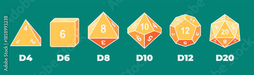 Vector illustration set of D4, D6, D8, D10, D12, D20 dice icons isolated. Polyhedral gaming dice collection for tabletop, RPG, and board game design projects.