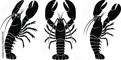 Black silhouette lobster collection, seafood crustacean animal icons, marine ocean wildlife illustrations isolated on white background vector design