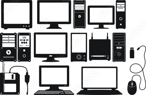 Collection of Computer Hardware Components in Black and White