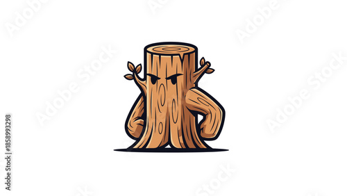 Angry Tree Stump Character with Branches and Leaves.