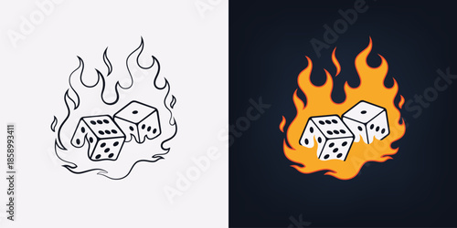 Vector illustration of two dice in fire flames. Burning dice symbolizing luck, risk, passion, and gambling. Perfect for casino, gaming, and entertainment design projects.