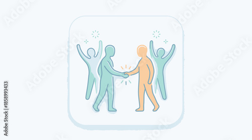 Two business people shaking hands with happy colleagues celebrating success.