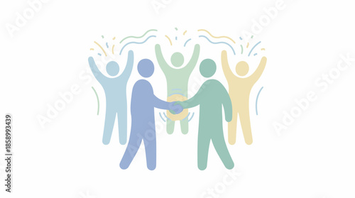 Two people shaking hands with a group celebrating behind them.