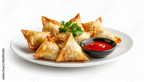 A plate of crispy, golden-brown samosas served with spicy red dipping sauce and a garnish of fresh parsley.
