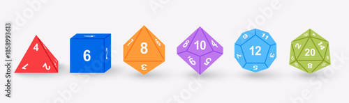 Vector illustration set of D4, D6, D8, D10, D12, D20 dice icons isolated. Polyhedral gaming dice collection for tabletop, RPG, and board game design projects.